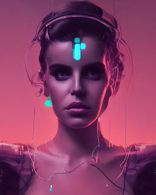 Prompt: portrait of lana del rey as a cyberpunk cyborg. intricate abstract. intricate artwork, tear drops, roses, by tooth wu, wlop, beeple, dan mumford. concept art, octane render, trending on artstation, greg rutkowski, asymmetrical, cinematic arthouse, key art, hyper realism, iridescent accents