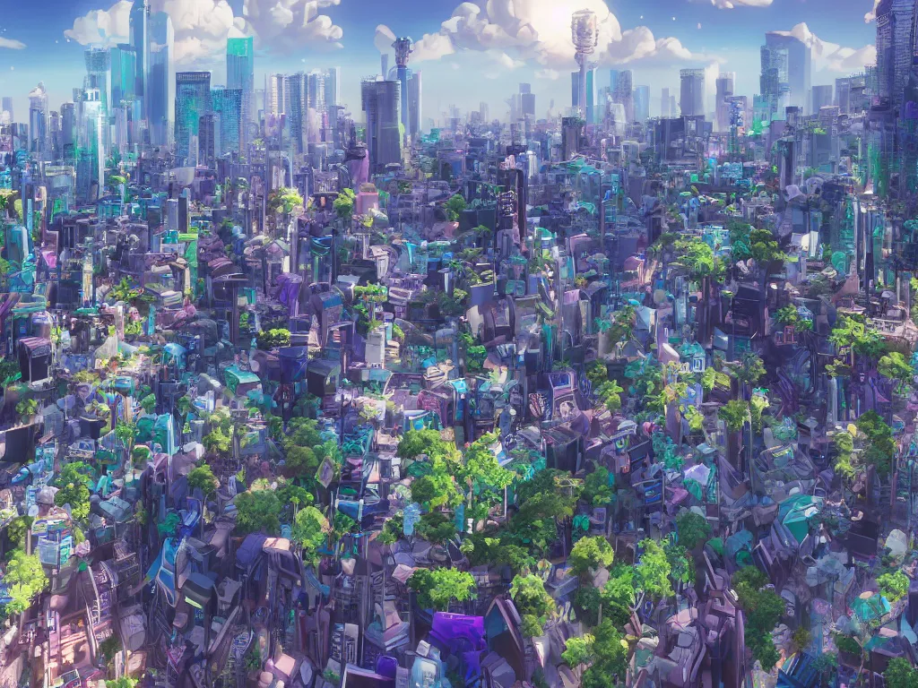 Prompt: a beautiful otherworldly fantasy model cityscape of tokyo in extreme detail, studio ghibli and pixar and abzu, rendering, cryengine, deep colors, purple and blue and green colors, vray render, cgsociety, bioluminescent