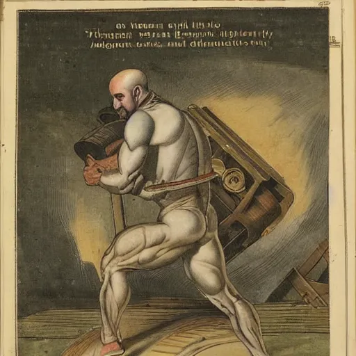 Image similar to a muscular bald man carrying engines on his back, technical diagram