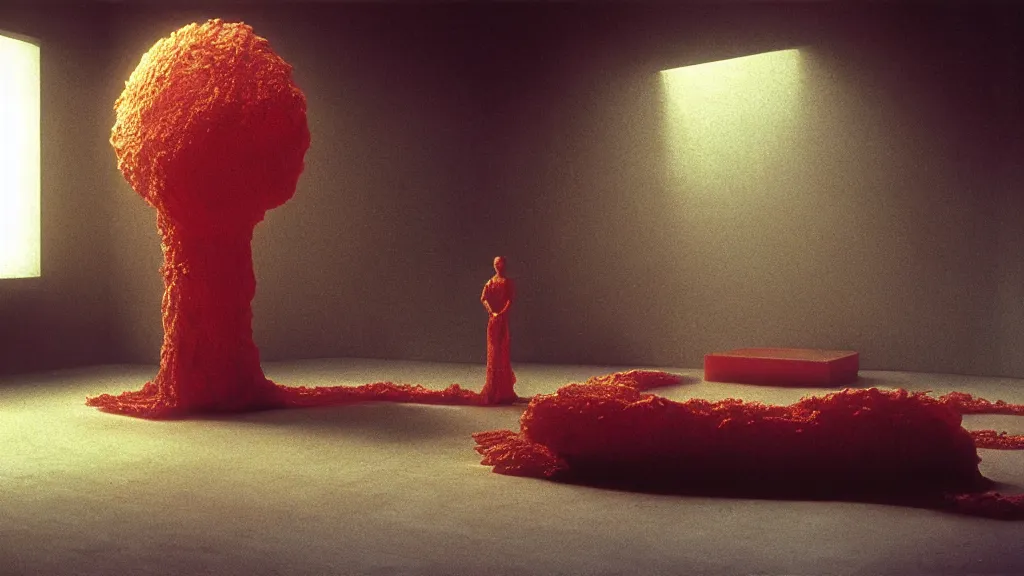 Image similar to a giant hand made of wax and water floats through the living room, film still from the movie directed by Denis Villeneuve with art direction by Zdzisław Beksiński, wide lens