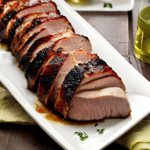 Prompt: juicy pork loin, delicious, cookbook photo, quality presentation