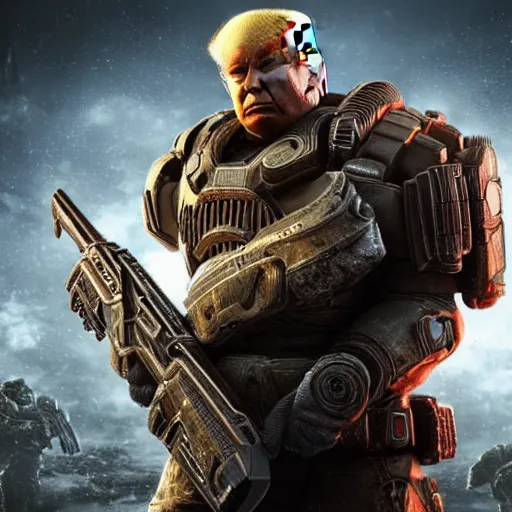 Image similar to Donald Trump as Masterchief in gears of war, splash art, movie still, detailed face, photorealistic facial features, cinematic lighting, dramatic, octane render, long lens, shallow depth of field, bokeh, anamorphic lens flare, 8k, hyper detailed, 35mm film grain