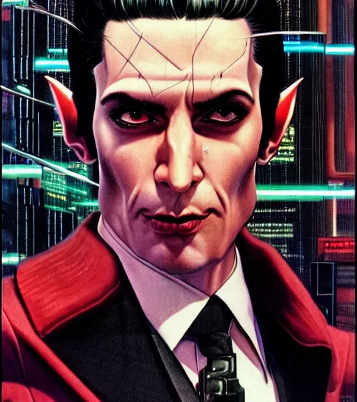 Image similar to a cyberpunk very ugly mafia boss in a suit with slicked back black hair played by ryan renolds as an elf, 1 9 7 9 omni magazine cover, style by vincent di fate, artgerm, very coherent, detailed, 4 k resolution, bright, unreal engine, daz