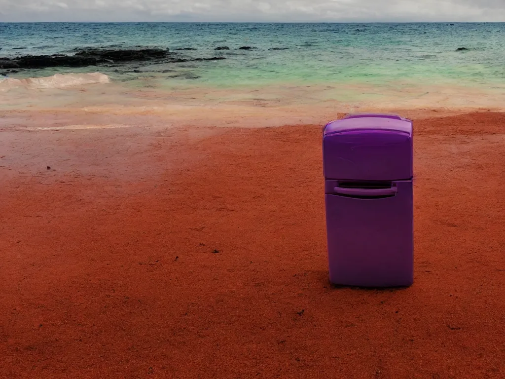 Image similar to purple refrigerator, red sand beach, green ocean, nebula sunset