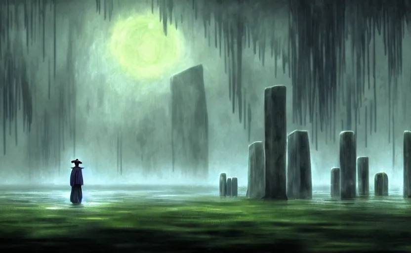 Image similar to a realistic and atmospheric cell - shaded concept art from howl's moving castle ( 2 0 0 4 ) of a grey monk standing in a futurist sci - fi city that looks like stonehenge in a flooded rainforest. it is a misty starry night. very dull muted colors, hd, 4 k, hq