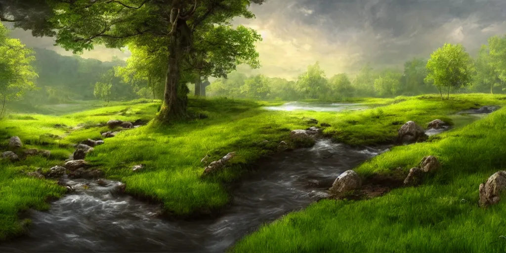 Image similar to a babbling brook on a green field, matte painting, concept art, 4k