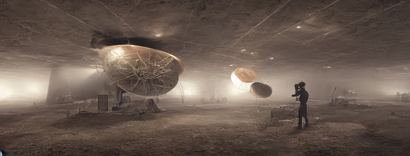 Prompt: engineer repairs secret flying saucer full of unknown military equipment in the hall of area 55, high detail, ground fog, wet reflective ground, saturated colors, by James Paick, render Unreal Engine-H 704