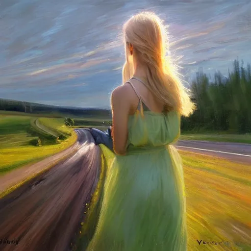 Image similar to blonde woman, green 1967 Ford Mustang, Swedish countryside, freedom, dawn, beautiful blonde woman, atmospheric, painting by Vladimir Volegov