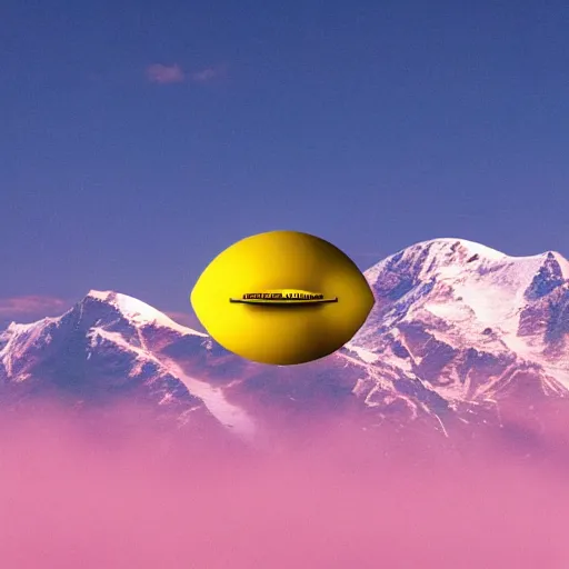 Prompt: a yellow spaceship shaped like an infinity symbol flying over a pink mountain range