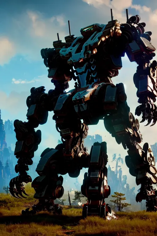 Image similar to a cinematic still from horizon zero dawn and pacific rim and westworld, full body mech, armored core, intact humanoid servo, octane render, nvidia raytracing demo, masterpiece, aged armor plating, decipticon armor plating, aggressive head, endoekeleton exposure