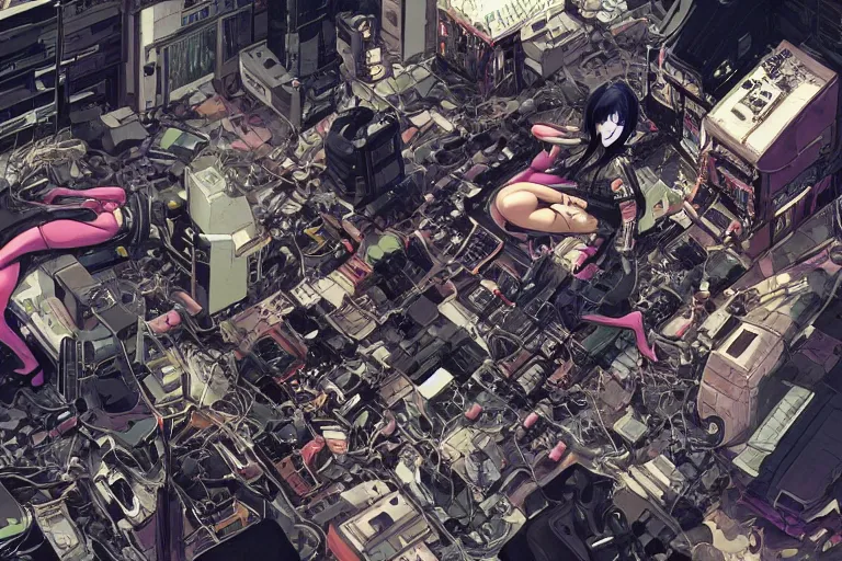 Prompt: a hyper-detailed cyberpunk illustration of a group of motoko kusanagi-like female androids' bodies lying in various poses randomly scattered over an empty floor, with a mess of cables and wires coming out, by masamune shirow and katsuhiro otomo, wide angle