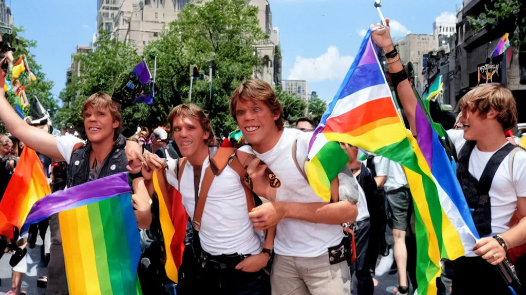 Prompt: rotj luke skywalker and the mandalorian go to pride, getty images, victorious, flags, parade, gay rights, bright smiles, daylight, twenty three year old luke skywalker and din djarin at gay pride, 3 5 mm photography, young mark hamill and pedro pascal, very happy, smiling