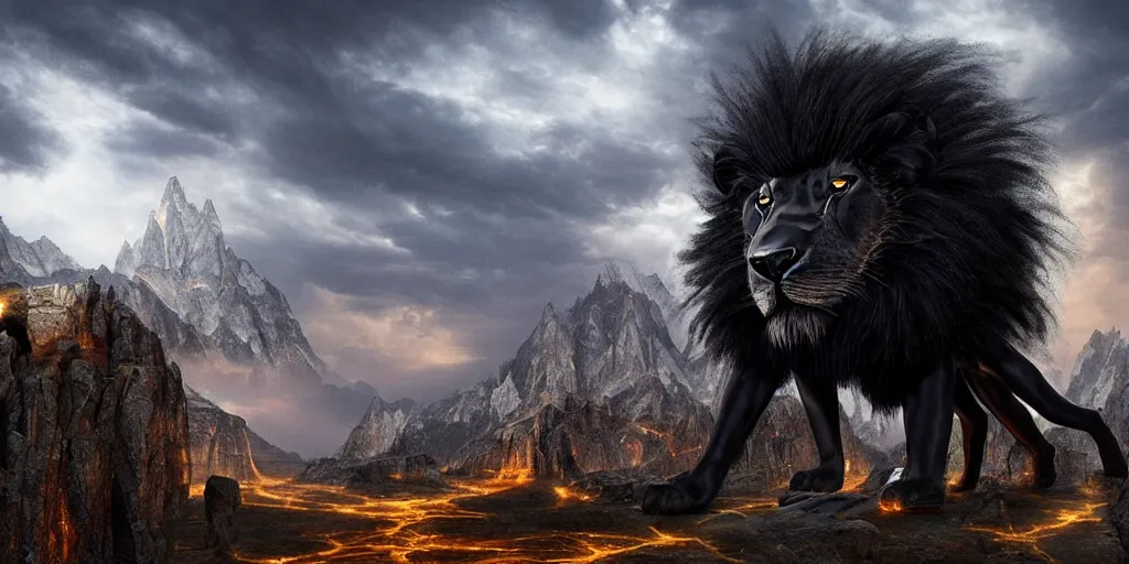 Image similar to black lion's god looking at you with fur made from gold lightnings surrounded by epic ancient huge forest and mountains, colossal scale, cinematic shot, hyperdetails, dramatic lighting, by Evgeniy Antonenkov and James Jean