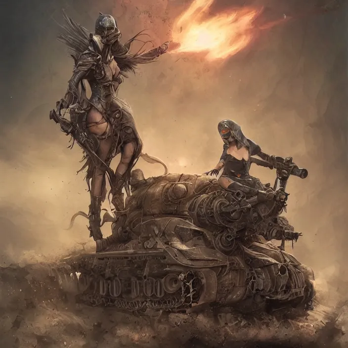 Image similar to beautiful apocalyptic woman in hooded cloak, standing on mad max panzer tank, hyper-detailed, smooth, sharp focus, 4k ultra hd, fantasy dark art, tank girl, artgerm, artstation, octane render, detailed digital painting, apocalyptic art, peter mohrbacher, Francis bacon