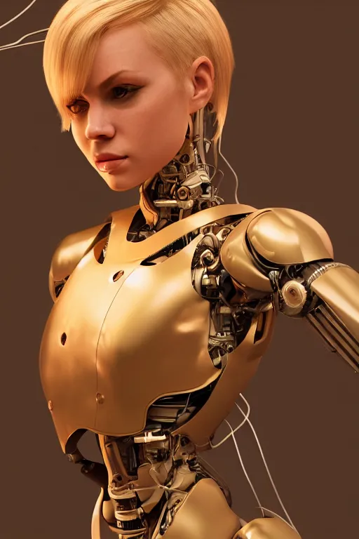 Image similar to a beautiful woman with blonde hair wearing robot suit with wires and light, highly detailed, photorealistic, artstation, smooth