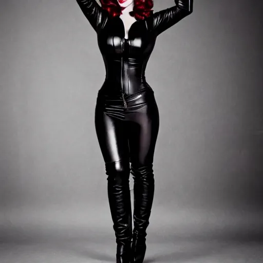 Image similar to Fully-clothed full-body portrait of Christina Hendricks as catwoman with eyes covered, leather thigh-high boots, studio lighting, professional, 8K
