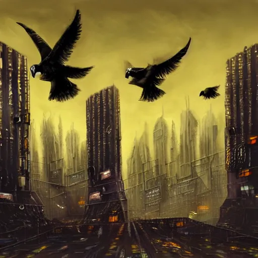 Image similar to A dark painting of a cyberpunk city infested with giant pigeons, trending on deviantart