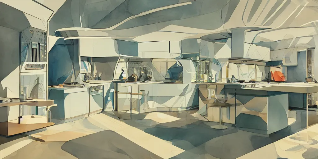 Image similar to a beautiful illustration of futuristic kitchen, lots of furniture, big medium small, sacred geometry, golden ratio, in watercolor gouache detailed paintings, in style of syd mead, trending on artstation, 8 k, panel, hard surface, wallpaper, zaha hadid, scattered props, plant, cozy, decoration, simon stalenhag, wes anderson