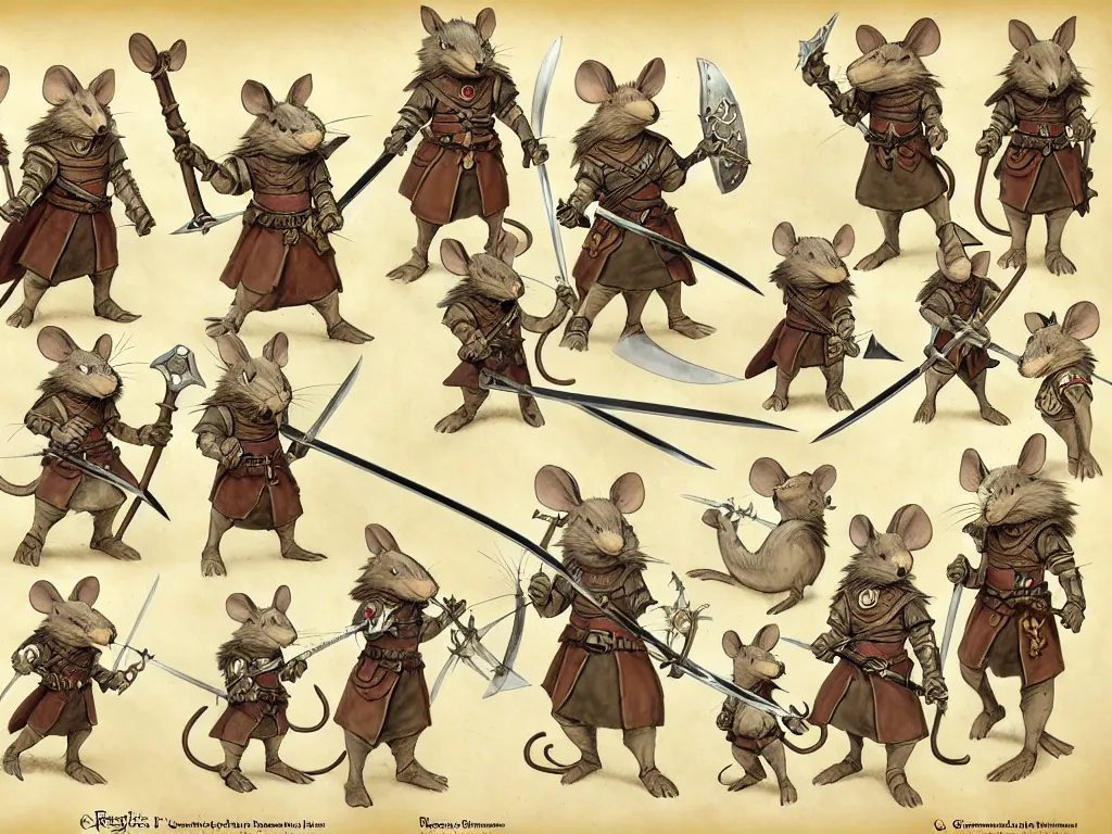 Prompt: character design sheet for a heroic mouse knight with sword and shield on a parchment background, redwall, greg rutowski and jean baptiste monge, very very detailed, epic fantasy concept art