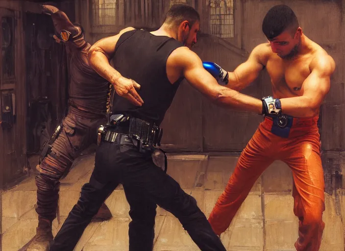 Prompt: Javier fights sgt Nash. Cyberpunk kickboxer in orange jumpsuit fighting menacing police troopers (blade runner 2049). attractive face. Orientalist portrait by john william waterhouse and James Gurney and Theodore Ralli and Nasreddine Dinet, oil on canvas. Cinematic, hyper realism, realistic proportions, dramatic lighting, high detail 4k