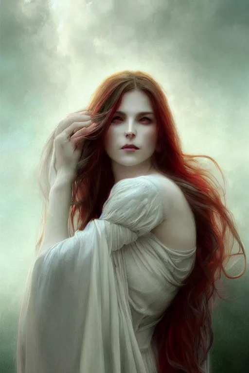 Image similar to portrait of white ghost, dark fantasy, gradient white red grey, dreamy and ethereal, green eyes, golden ratio, peaceful expression, lace, fantasy, intricate, elegant, stormy sky, highly detailed, digital painting, artstation, concept art, smooth, b sharp focus, illustration, art by artgerm and greg rutkowski and alphonse mucha