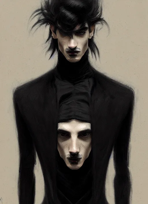 Image similar to portrait of a man with a broad nose and a confident expression, 1 9 6 0 s, black clothes, goth, punk, funk, intricate, elegant, highly detailed, digital painting, artstation, concept art, smooth, sharp focus, illustration, art by wlop, mars ravelo and greg rutkowski
