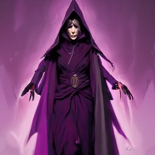 Prompt: female warlock long hood cloak purple, magic powers, powerful face, 8 k, trending on artstation by tooth wu and greg rutkowski