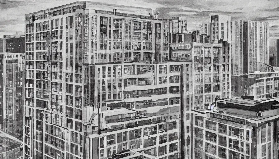 Prompt: american city, modern times, an apartment building, four stories high, with a huge water tank on the roof. the color of the picture is gray, and the painting style is realistic and retro