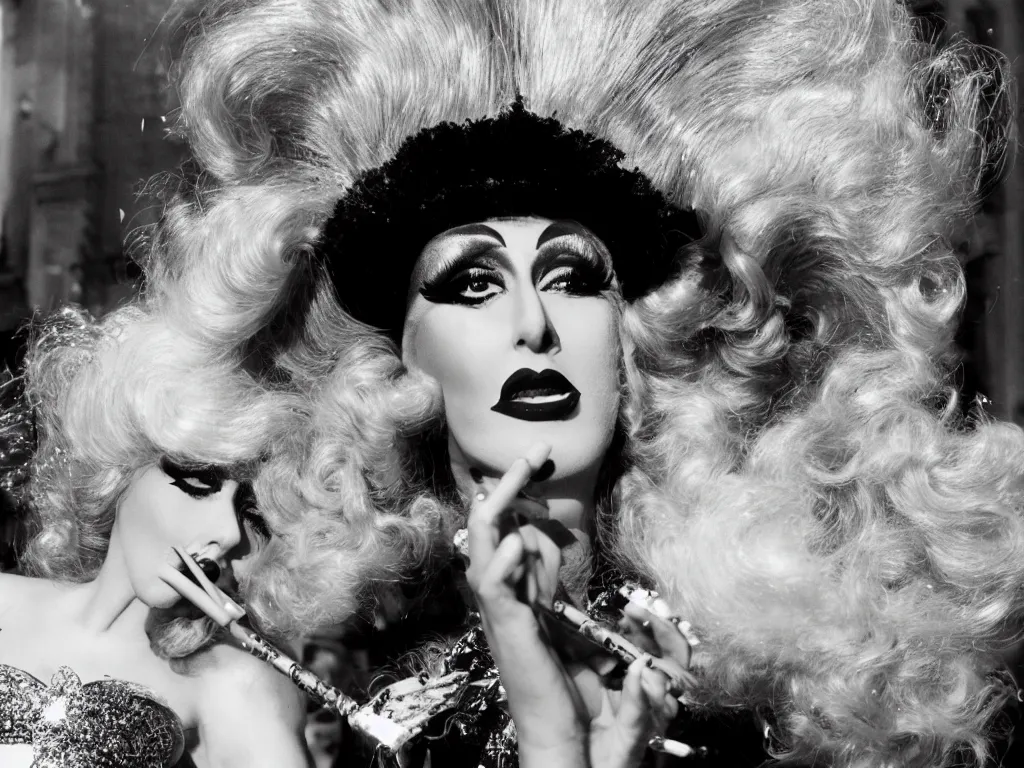 Prompt: Film still closeup of one single glamorous drag queen with heavy makeup and a big wig smoking a cigarette in an Italian Federico Fellini film, 8 1/2, la dolce vita, fantasy and baroque images with earthiness, highly detailed, 8k, cinematic