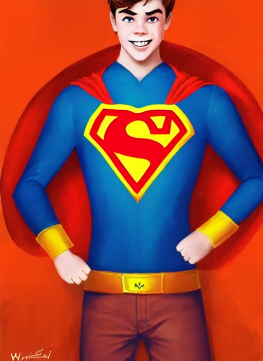 Image similar to friendly teenage archie andrews wearing an orange superhero costume with heart logo, freckles, superhero costume, heart emblem on chest, cape, intricate, elegant, glowing lights, highly detailed, digital painting, artstation, sharp focus, illustration, art by wlop, mars ravelo and greg rutkowski