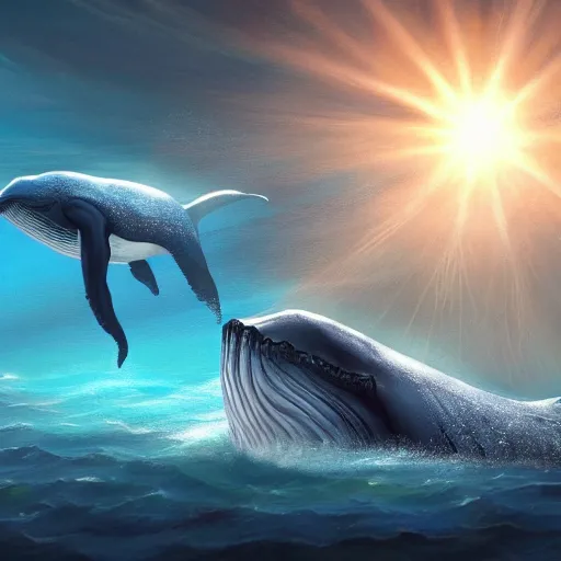 Prompt: Looking up at a pod of whales underwater, the sun shines through them, intricate, highly detailed, digital painting, artstation, concept art