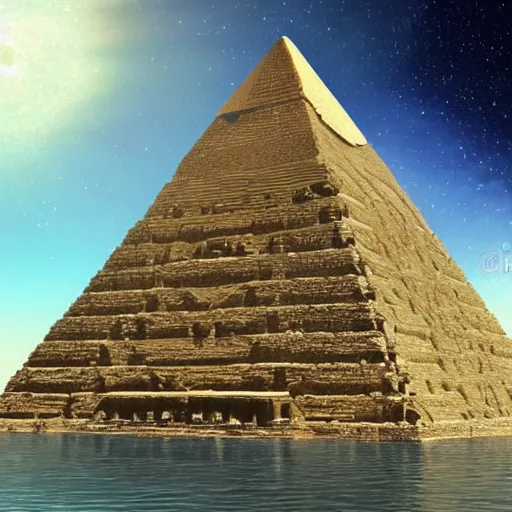 Prompt: pyramid in space or in water, a magical ancient pyramid, gold, treasure, lara croft charater, realistic illustration, pyramid surrounded with greenery, illustrations, 3 d render, illustrated, incredible details, highly detailed, photorealistic, disney pixar, octane render, iridescent, anime, 8 k