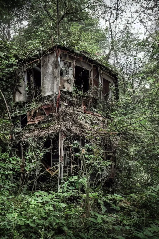 Image similar to a photo of an abandoned and overgrown ramshackle multistory hut in the woods, intricate, elegant, fantasy, highly detailed, sharp focus