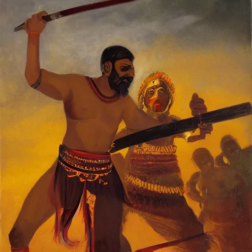 Prompt: hellscape, indian raj machete weilding warrior, wearing golden lungi, full body view, flip flop sandals, hellscape, fighting for life, classicism artstyle, sharp brushstrokes, glowing eyes, islamic revolution, mongolian invasion of iraq, invading army background, horseback combat