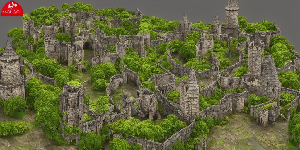 Prompt: medieval castle in a jungle with towers and moat, 3 d, isometric, poly detail