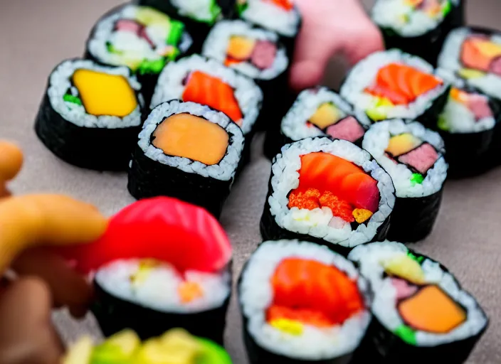 Prompt: dslr food photograph of candy sushi, 8 5 mm f 1. 8