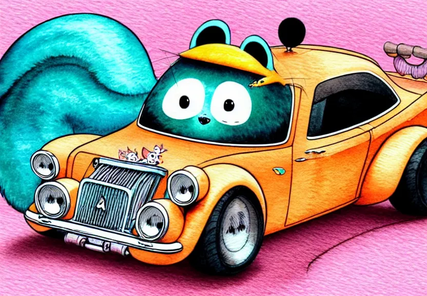 Image similar to cute and funny, racoon riding in a tiny hot rod coupe with oversized engine, ratfink style by ed roth, centered award winning watercolor pen illustration, isometric illustration by chihiro iwasaki, edited by range murata, third person view