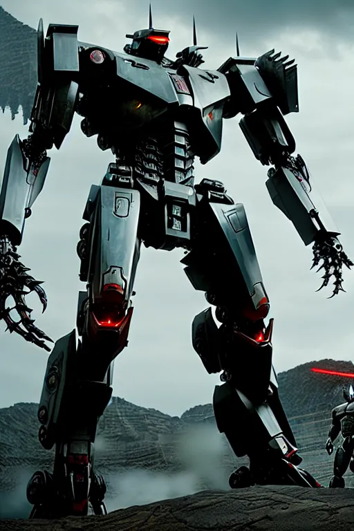 Image similar to a cinematic still from pacific rim and westworld, full body red mech, armored core, intact humanoid servo, octane render, nvidia raytracing demo, masterpiece, aged armor plating, decipticon armor plating, aggressive head, endoekeleton exposure