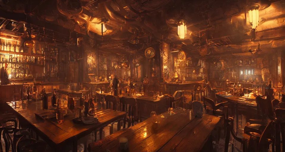 Image similar to alchemy tavern, hyperdetailed, artstation, cgsociety, golden hour 8 k, volumetric lighting