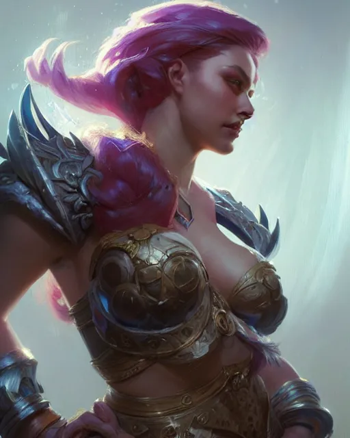 Image similar to kaisa from league of legends, character portrait, concept art, intricate details, highly detailed by greg rutkowski, gaston bussiere, craig mullins, simon bisley