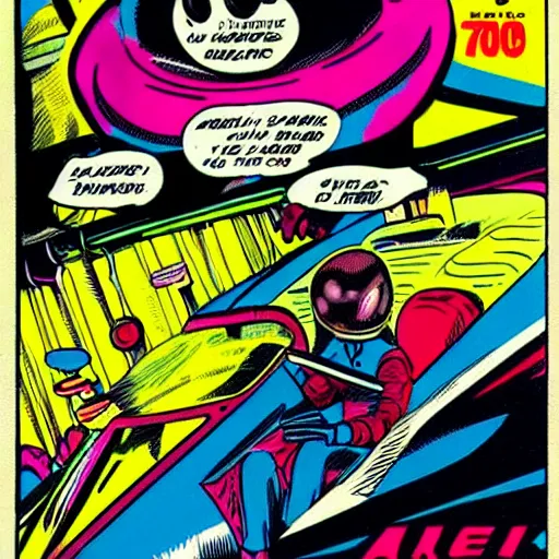 Image similar to alien male race car driver in a 70s comic book, retro, colorful, dynamic, futuristic