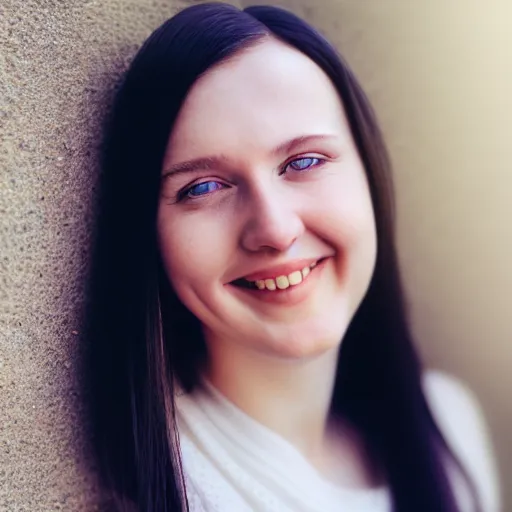 Image similar to beautiful hyperreal portrait of a cute thing young woman smiling softly, long white hair, flushed face, blue eyes, golden hour, soft focus, 8 k, portra 4 0 0