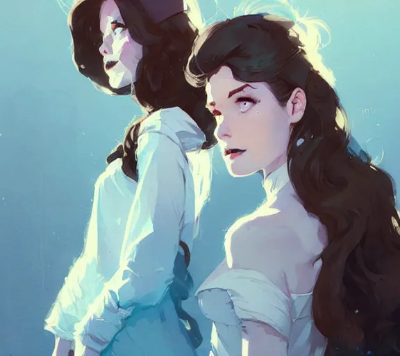 Image similar to portrait elza and anna by atey ghailan, by greg rutkowski, by greg tocchini, by james gilleard, by joe fenton, by kaethe butcher, dynamic lighting, gradient light blue, brown, blonde cream and white color scheme, grunge aesthetic