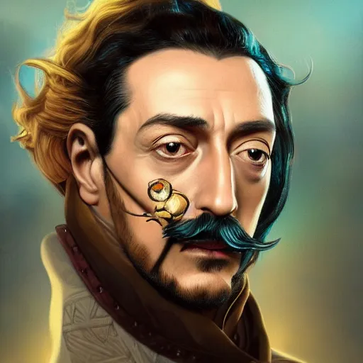 Prompt: Salvador Dalí portrait, D&D, fantasy, intricate, elegant, highly detailed, digital painting, artstation, concept art, smooth, sharp focus, illustration