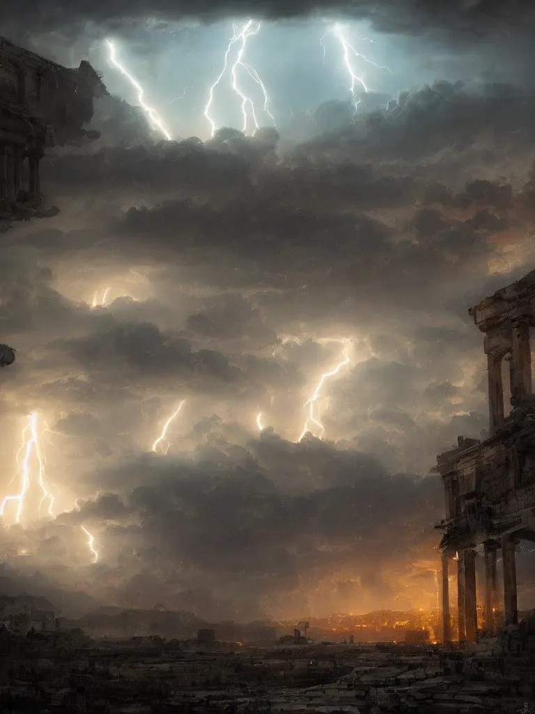 Image similar to epic scenery ancient city of troy under a sky full of lightning, intricate, elegant, volumetric lighting, digital painting, highly detailed, artstation, sharp focus, illustration, concept art, ruan jia, steve mccurry