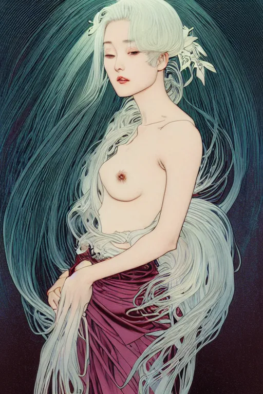 Image similar to magnum opus portrait professional photograph female holding white hair glowing, blush, pleated skirt, flowing hair, slim face, elegant, by yoichi hatakenaka, alphonse mucha, masamune shirow, josan gonzales and dan mumford, ayami kojima, takato yamamoto, barclay shaw, karol bak, yukito kishiro