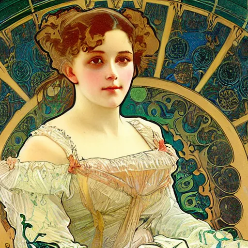 Image similar to young victorian woman in ball gown, reading, painted by alphonse mucha