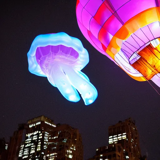 Image similar to at night, nyc, camera looking up, beautiful hot air balloons in a jellyfish shape