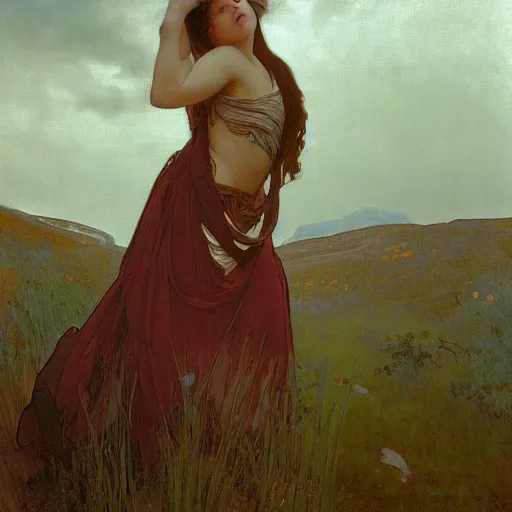 Image similar to a beautiful painting of a young girl in the scottish highlands, underexposed and overcast, by alphonse mucha, john sargent, and octane.