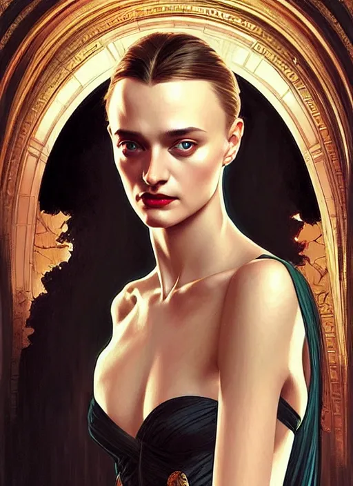 Image similar to “ beautiful daria strokous as a cruel femme fatale intricate, elegant, highly detailed, digital painting, artstation, concept art, movie still, smooth, sharp focus uhd 8 k, art by artgerm and greg rutkowski and alphonse mucha ”